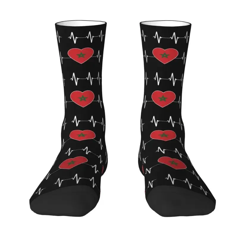 Impresso Heartbeat Marrocos Country Flag Socks para homens e mulheres, Stretchy Crew Socks, coração marroquino, família, verão, outono, inverno, novidade, Y2K