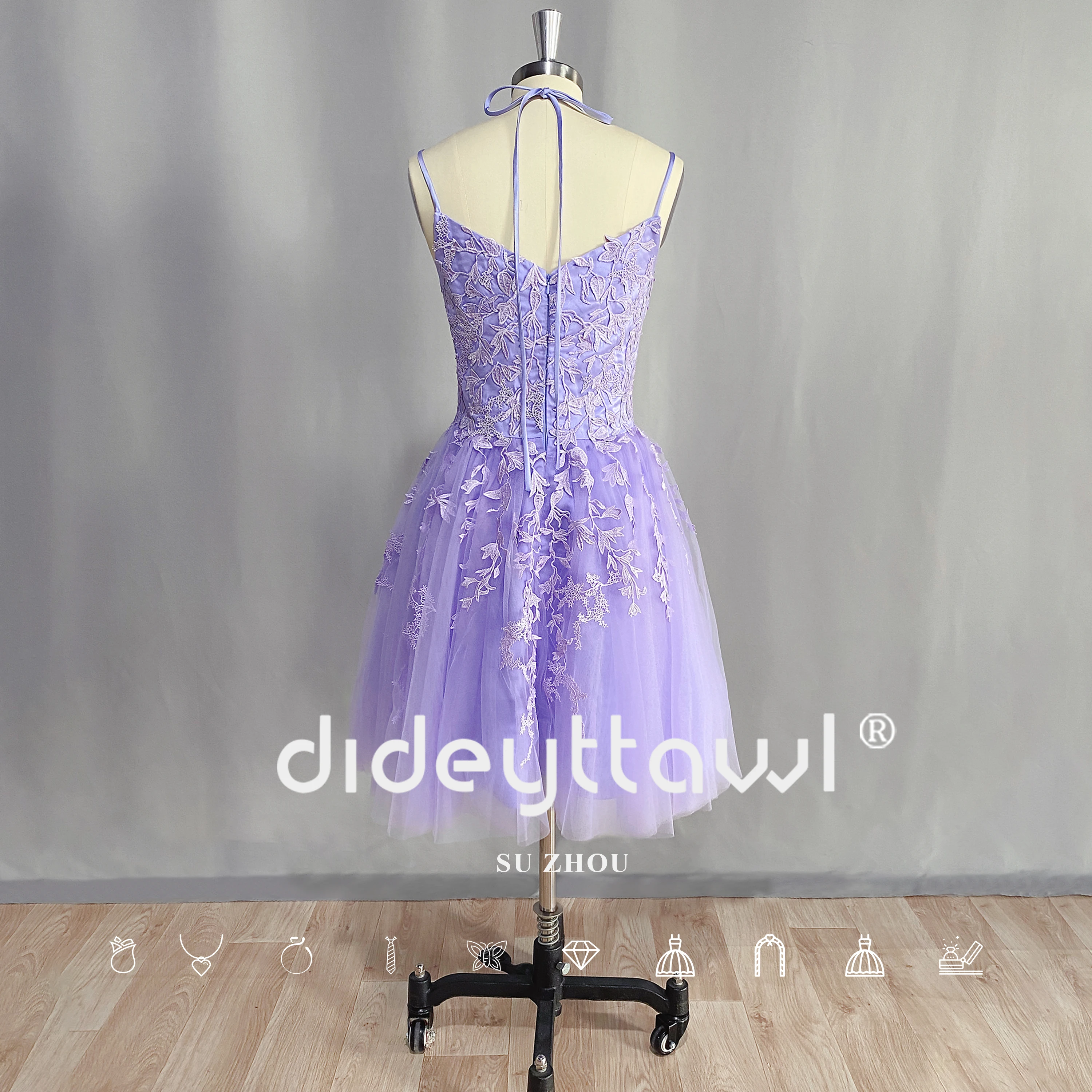 DIDEYTTAWL Lavender Spaghetti Straps Tulle Mini Prom Dress 2023 Sleeveless Sweetheart A Line Lace Appliques Homecoming Gown