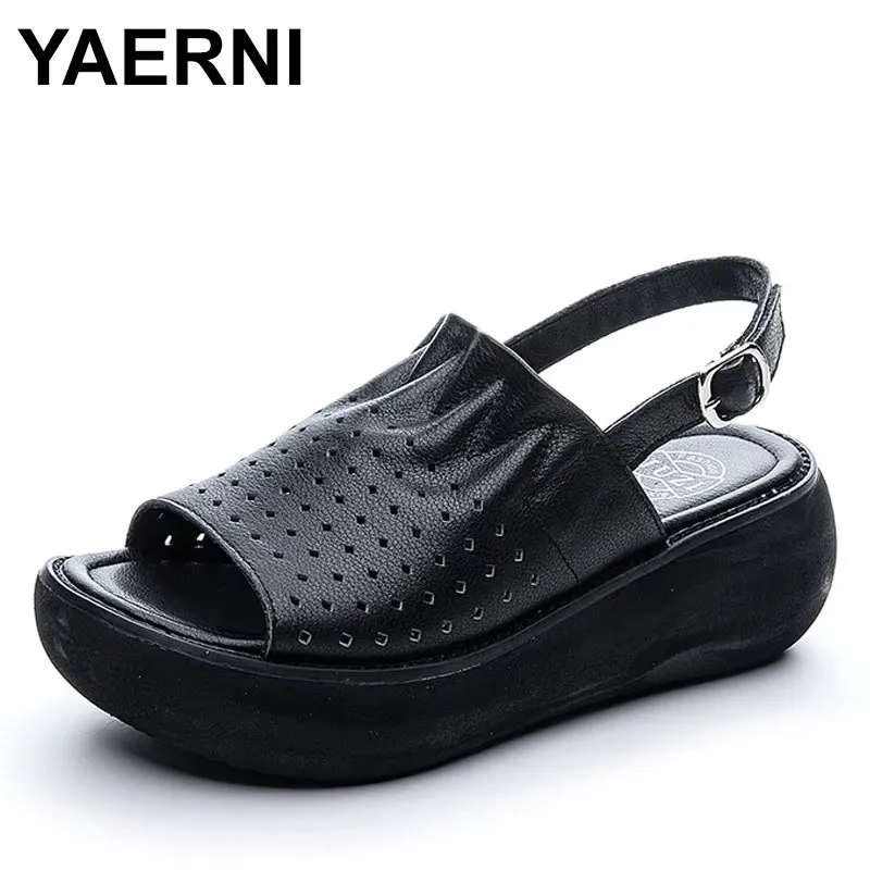 

Лето 2023, сандалии на танкетке и платформе, модная обувь из натуральной кожи, женские повседневные мягкие удобные сандалии с открытым носком