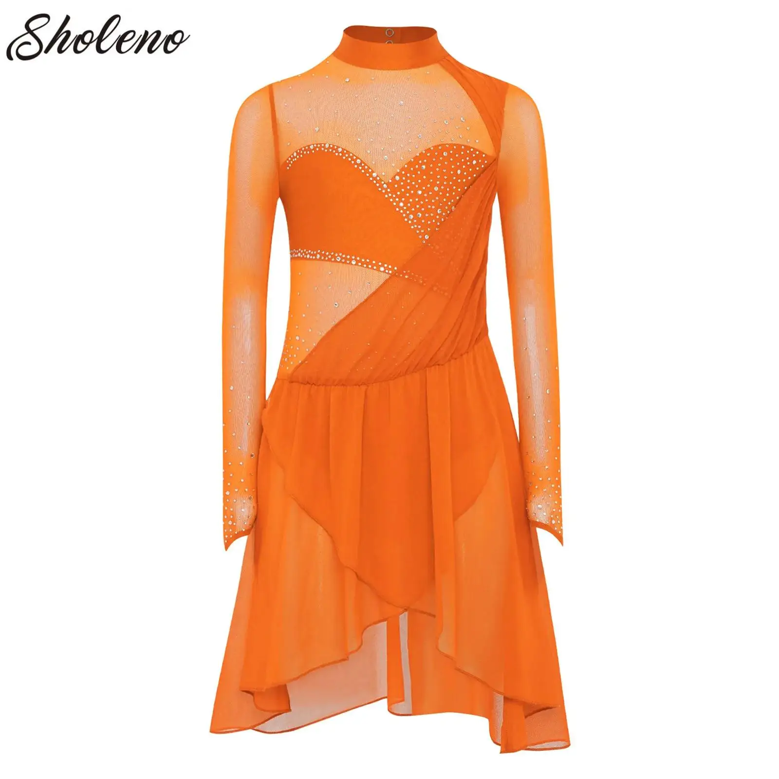 

Girls Figure Ice Skating Dance Dress Gymnastics Jersey Ballet Tutu Leotard Dancewear Costumes Long Sleeve Rhinestone Mesh Dress