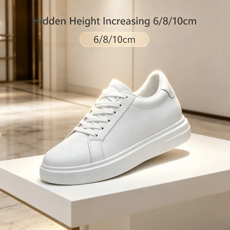 Men Lace Up White Leather Casual Sneakers 6 8 10CM Hidden Elevator Thick Platform Sole Lightweight Non Slip Street Fashion