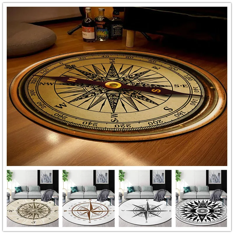 Compass Round Area Rugs Living Room,Vintage British Navy Compass in Black and White Discovery of The New World Theme Carpet