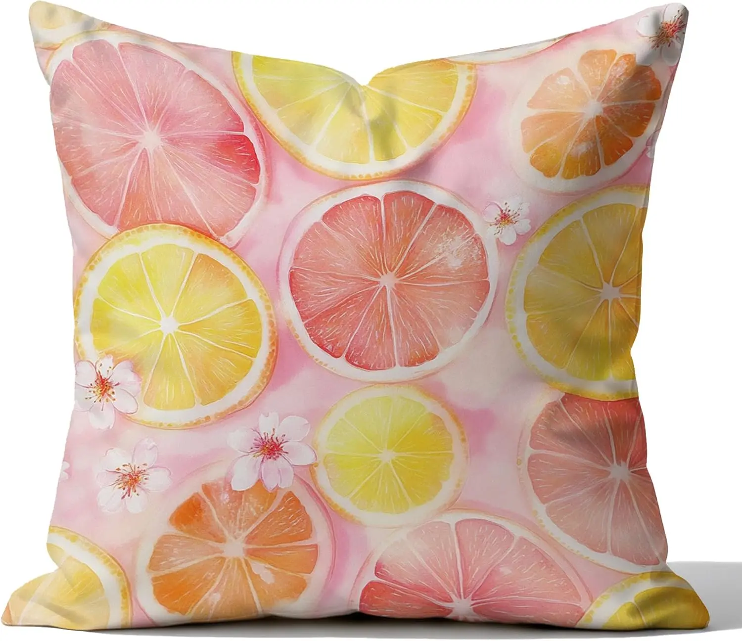 Pink Citrus Fruit Pillowcase, Lemon Grapefruit Slice Cushion Cover, Sweet Summer Home Decor, Pastel Floral Sofa Gift