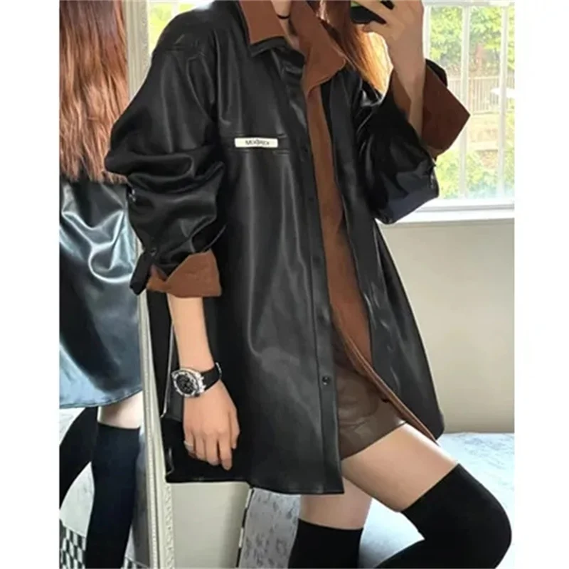 เสื้อโค้ทหนัง PU สไตล์ลำลองสำหรับผู้หญิง ฤดูใบไม้ผลิ ฤดูใบไม้ร่วง 2025 แฟชั่นเสื้อแจ็คเก็ตหนังเทียมแขนยาวสไตล์เกาหลี