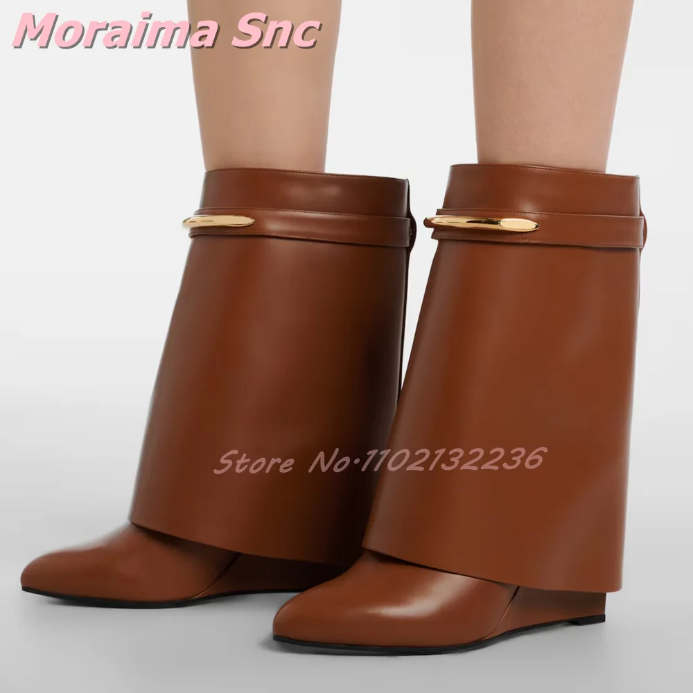Metal Dceor Pointed Toe Mid-calf Boots Wedge Turn-over Edge Slip On Fashion New Sexy Women Short Modern Boots Autumn Winter 2026