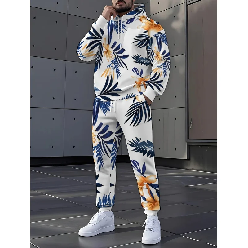 Men'S Fashion Hoodie With Tropical Plant Printed Casual Daily Outdoor Fashion Clothing Comfortable And Breathable Two Piece Set