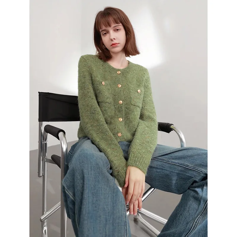 

Spring Women's Long-sleeved Knitted Cardigan Fashion Celebrity Versatile Short Y2k Tops Round Neck Single-breasted Sweater Coat