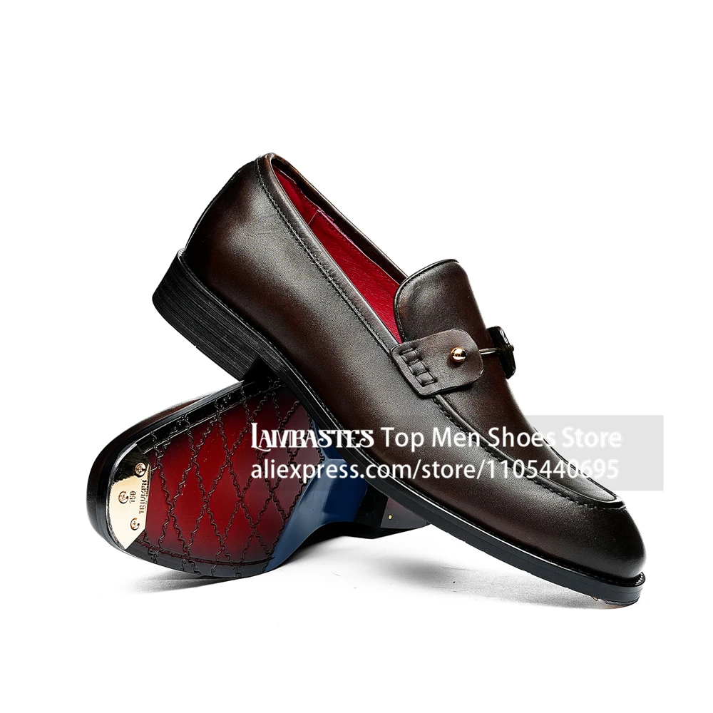 Genuine Leather Metal Ornament Slip On Loafers Decorative Buckle Flat Dress Loafers Red Inner Lining Formal Loafers for Wedding