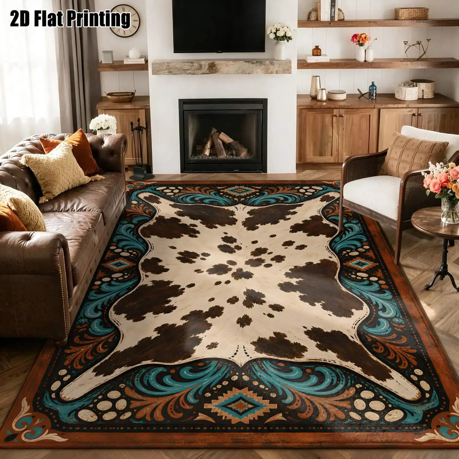 1Pc 2D Printed Cow-Pattern Vintage/European/Bohemian/Geometric Carpet, Machine Washable, Multi-Size, Ideal for Home Decor Such as Living Room, Bedroom, Dining Room, Entrance, Study