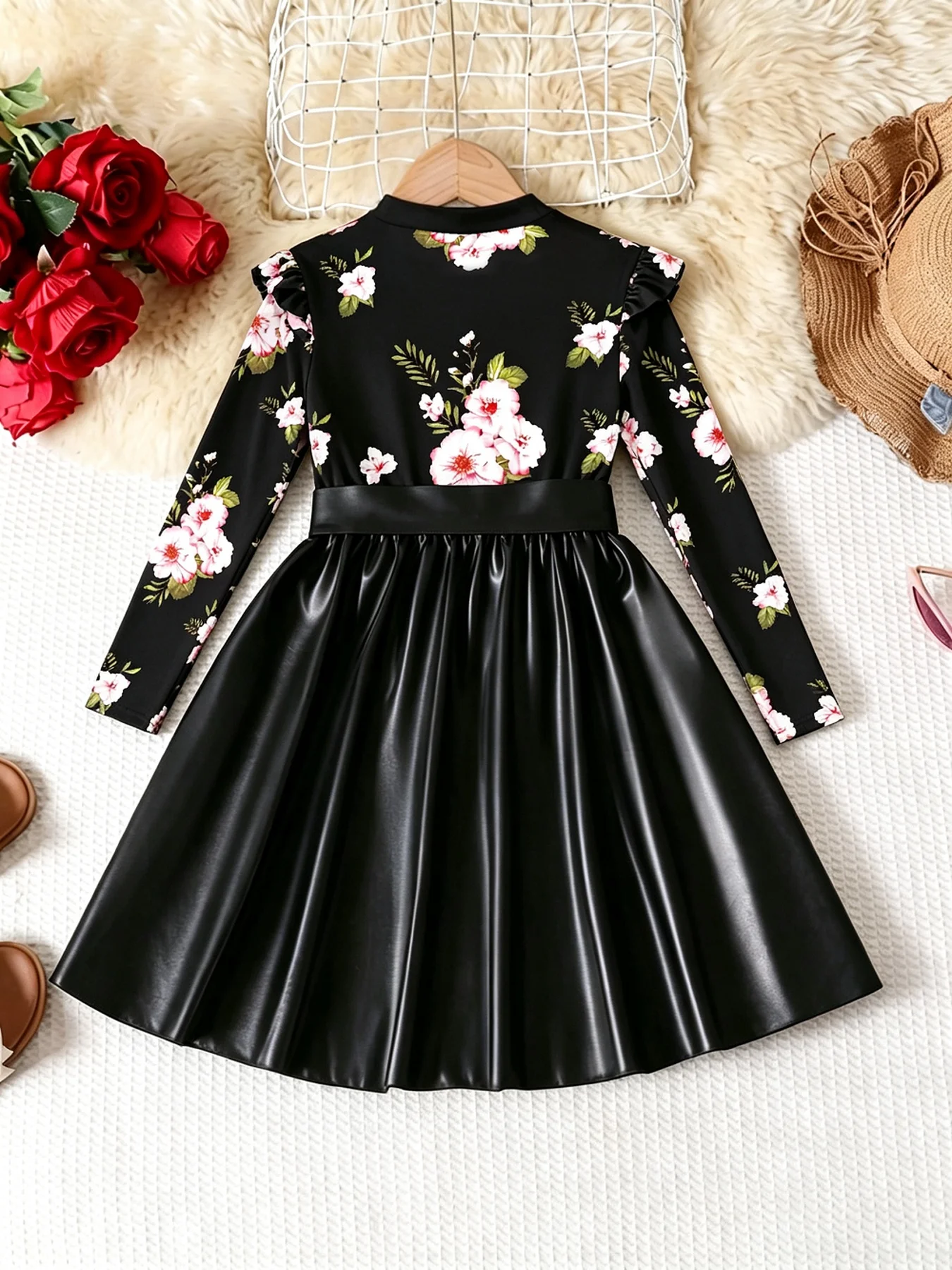 Children's Casual round Neck Dress with Ruffle Edge Long Sleeves Waist Cinching Tie Mid-Length Skirt Flower Print