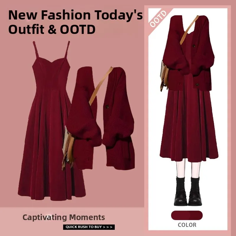 Autumn Winter Women's Knitted Cardigan Sweater Set with Strap Dr Two Piece Suit Long Sve Faionable Casual Outfit