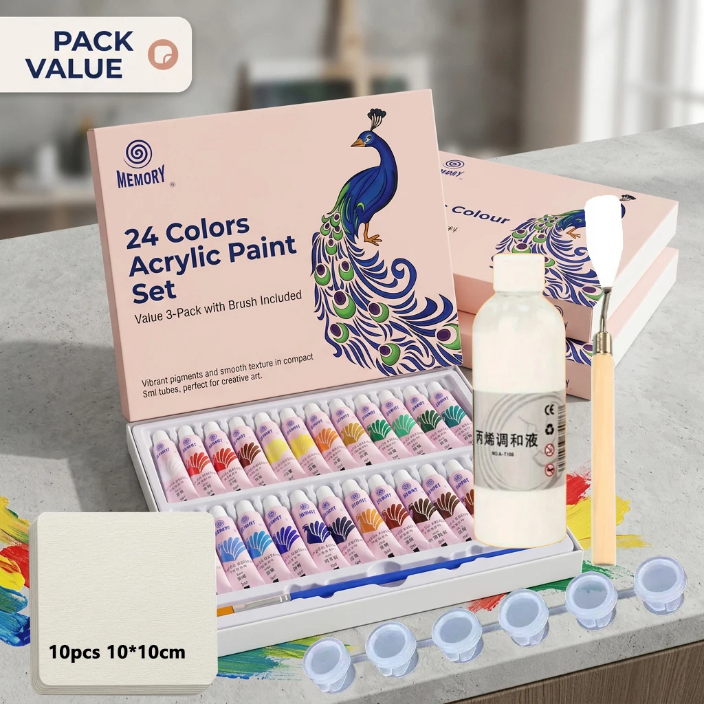 Acrylic Painting Kit 12/24 Colors 5ml Pigment Set with Scraper 10 Sheets 10x10cm Watercolor Paper And 100ml Mixing Liquid in Pig