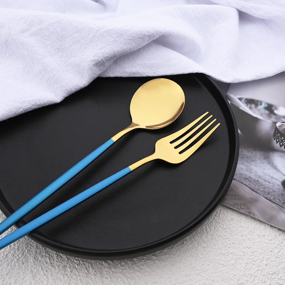 Blue Gold 5Pcs Dinnerware Set Silverware Flatware Knife Dessert Fork Spoon Stainless Steel Cutlery Set Tableware Party Set