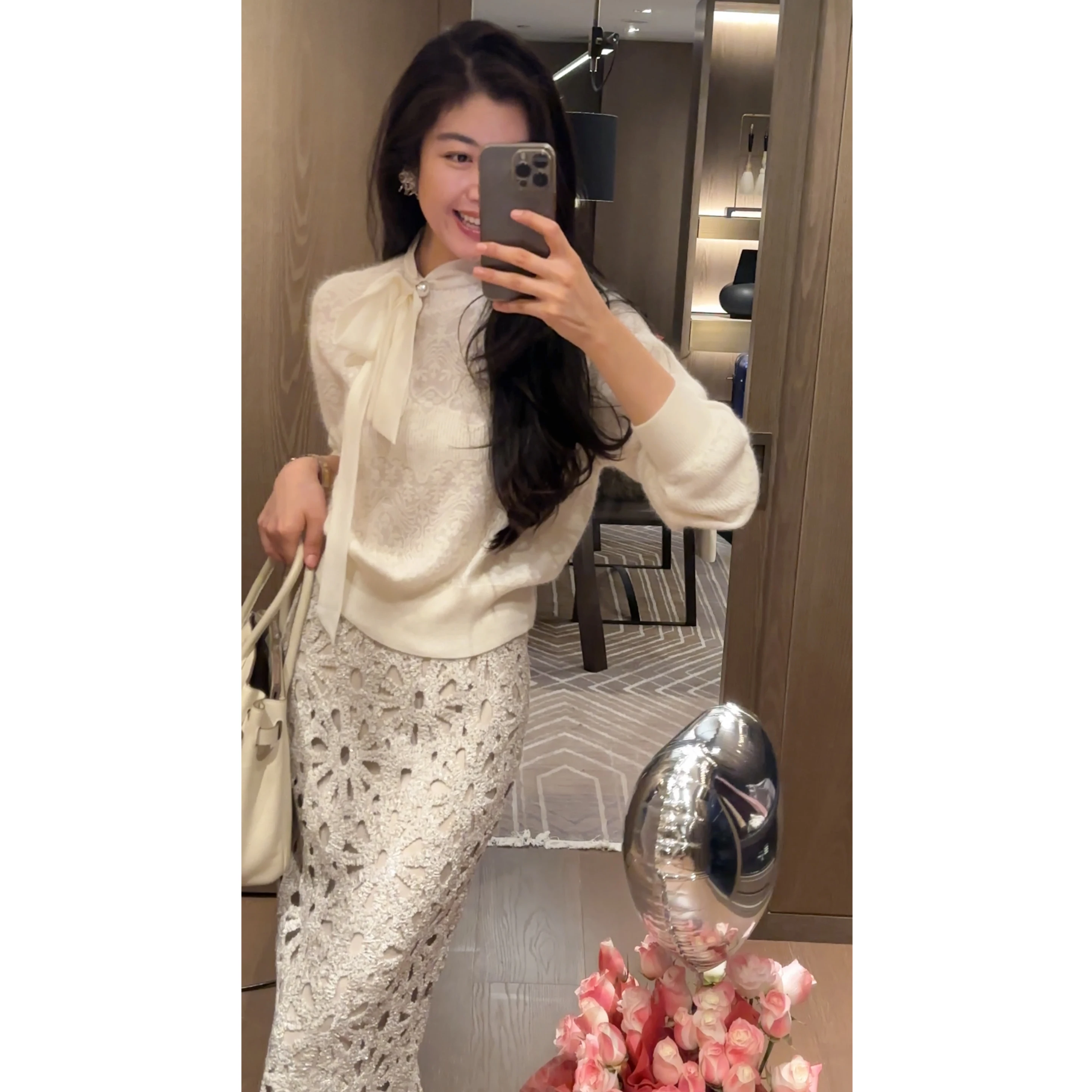 

NICO 2026 Spring Knitted Lace Hook Embroidery Turtleneck Sweater Fashionable Design Sense Rich Girl Style with Belt for Women