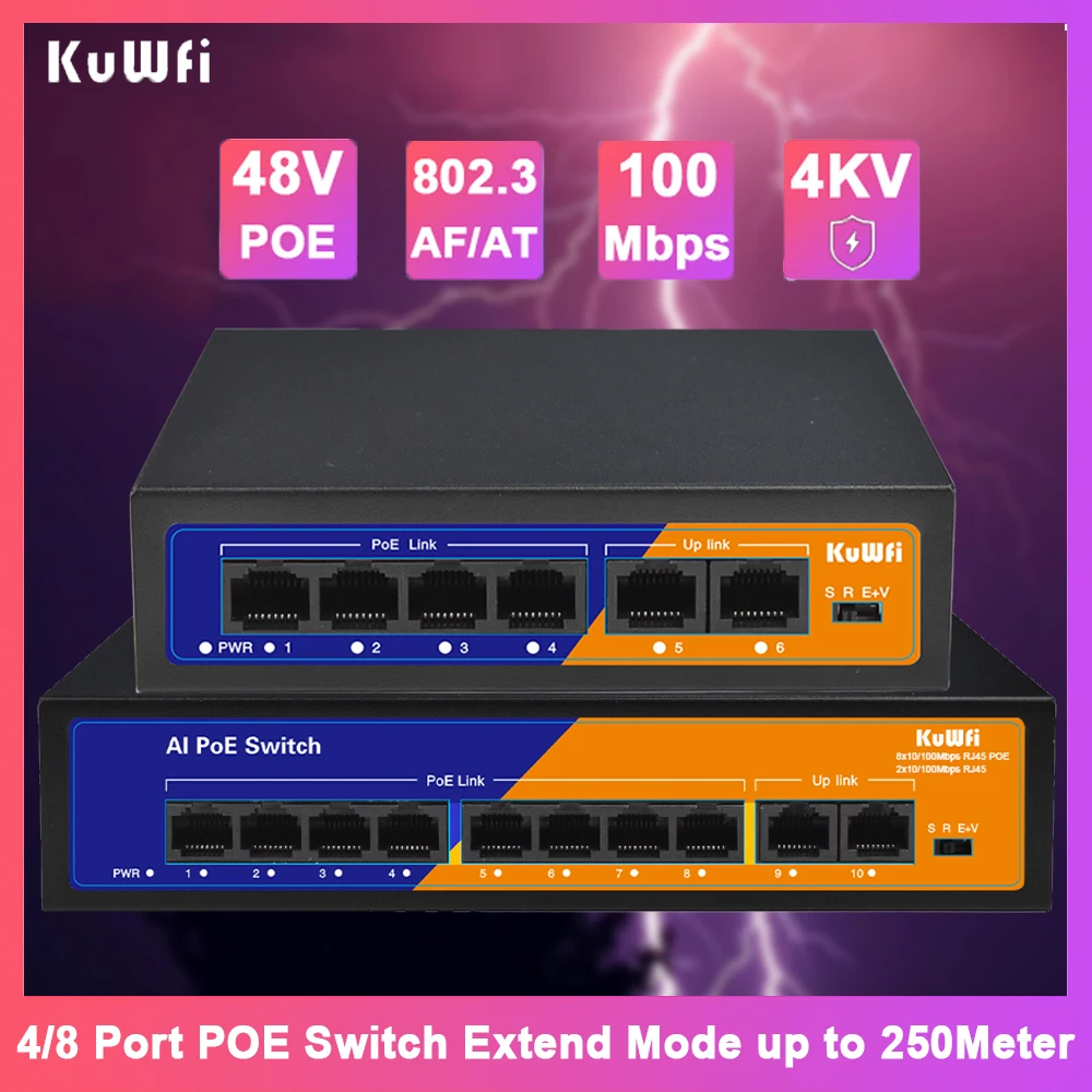 

KuWFi POE Switch 4/8 Port 100Mbps Fast Ethernet Network Switch Extend up to 250 Meter Plug & Play for Camera CCTV Home Security