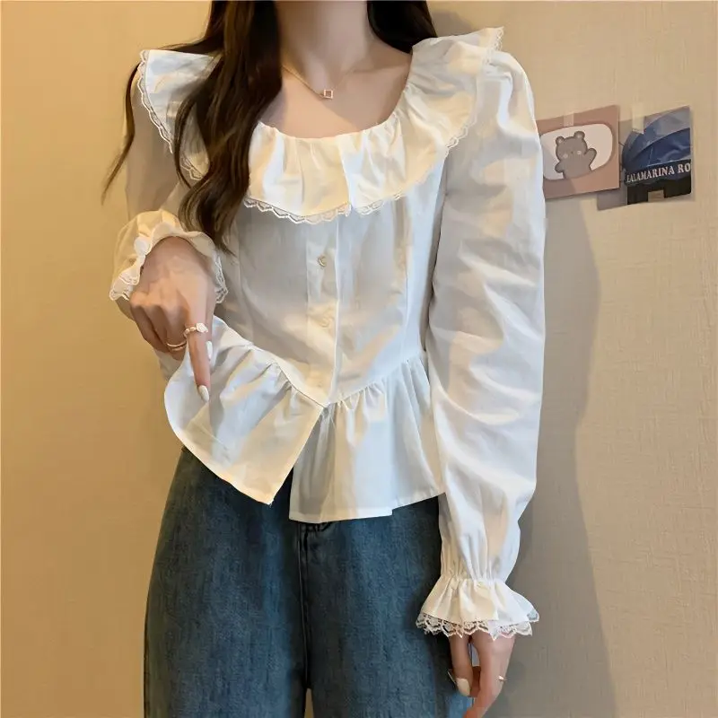 Shirt Doll Collar Ruffled Pure Cotton Spring Style Sweet Age-Reducing Loose Slimming Super Fairy White Shirt