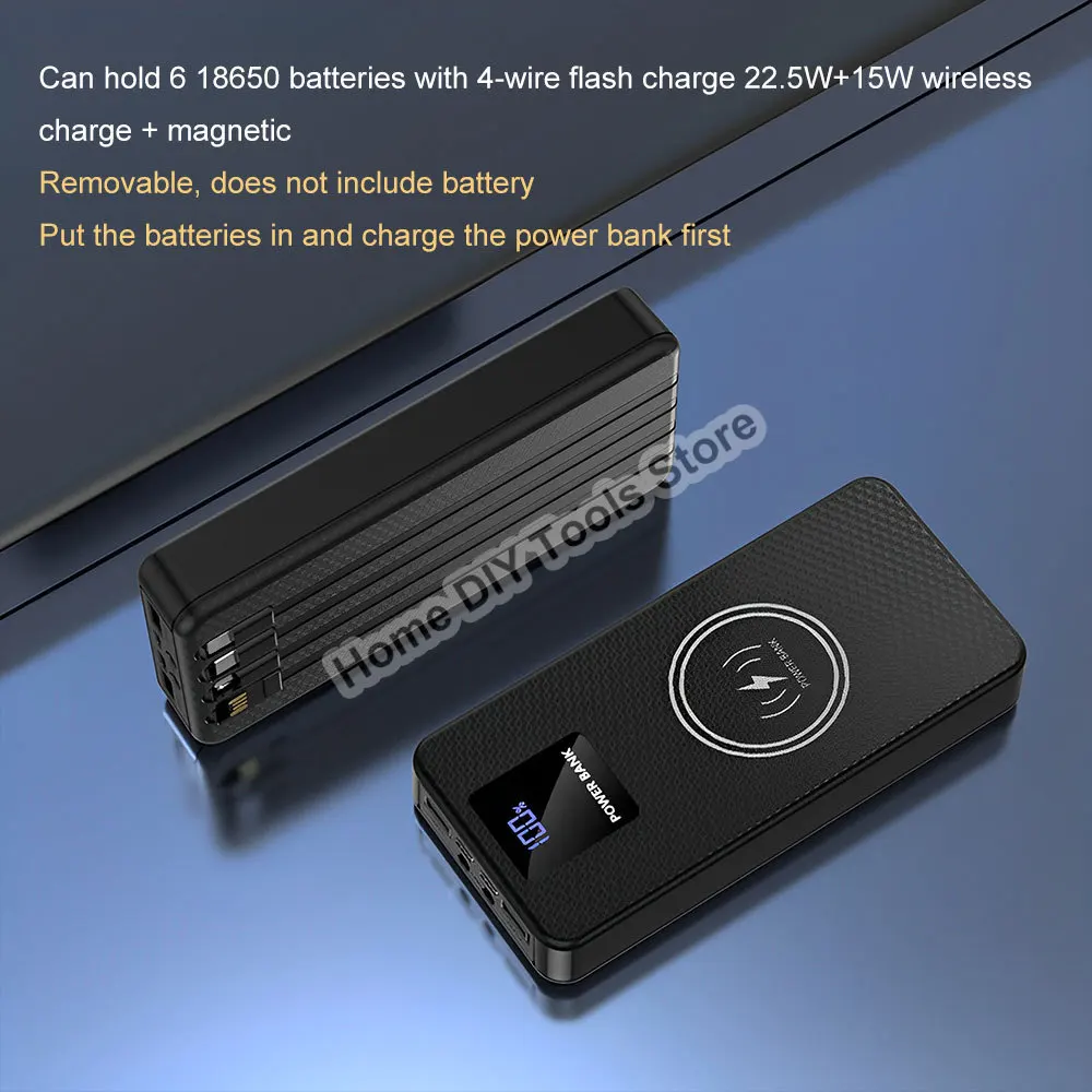 6*8650 Power Bank Case Welding Free Portable USB Battery Storage Box PD DIY Quick Charge Powerbank With Cables