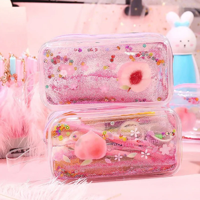 Portable Transparent Quicksand Pencil Case Cartoon Cute Avocado Peach Large Capacity Stationery Storage Bag School Supplies