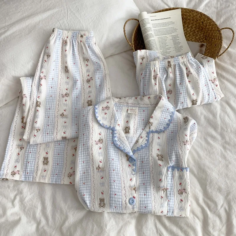 High Quality Pajamas Set 3 Piece Women's Pajamas Sleepwear Homewear Bear Floral Grid Stripe Print Short Sleeve Ladies Night Suit