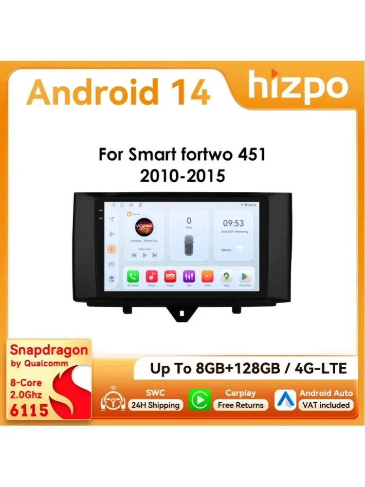 Hizpo 9-Zoll 2Din Android Autoradio für Mercedes Benz Smart Fortwo 451 2010 - 2015 CarPlay Auto GPS Navi DSP RDS 4G BT WiFi SWC 360 ° GLAS
