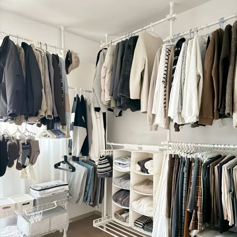 All-Steel Open Wardrobe with Hanging Section, Freestanding Walk-in Closet Organizer for Bedroom & Rental Rooms