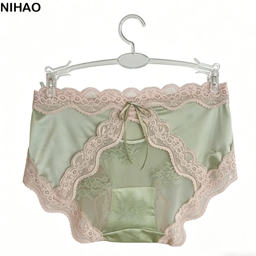 French style Mid Waist Lace Satin Panties Sweet Invisible Bow Briefs Patchwork Mesh Underwear for Women Women