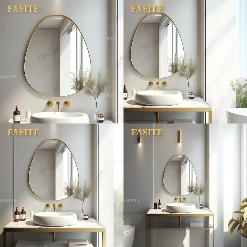 For French Retro Brass Sink Bathroom Mirror Irregular Special Shaped Water Drop Wall Mounted Vanity Decor