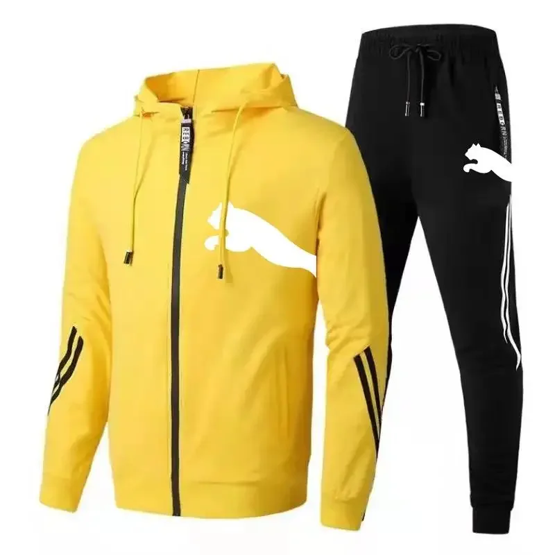 Men\'s spring and autumn zipper with hat fashion hoodie + trousers casual running 2-piece fitness basketball sportswear set