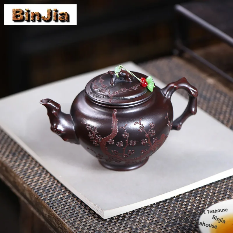 

480 мл Бутик Исин Фиолетовые глиняные чайники Горшок ручной работы с цветком сливы Сырая руда Бронзовая грязь Чайник Чайный сервиз Цзыша Чайная церемония Чайный сервиз