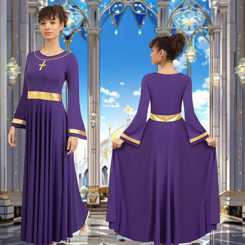 Abito da ballo moderno da donna a maniche lunghe, vestibilità ampia, lunghezza intera, per culto adulto, abito da ballo liturgico in costume metallico