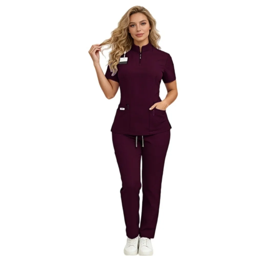Womens Fashion Work Uniform Set Stand Collar Top & Drawstring Cuffed Jogger Pants, Soft Stretch 2 Piece Workwear in 4 Colors