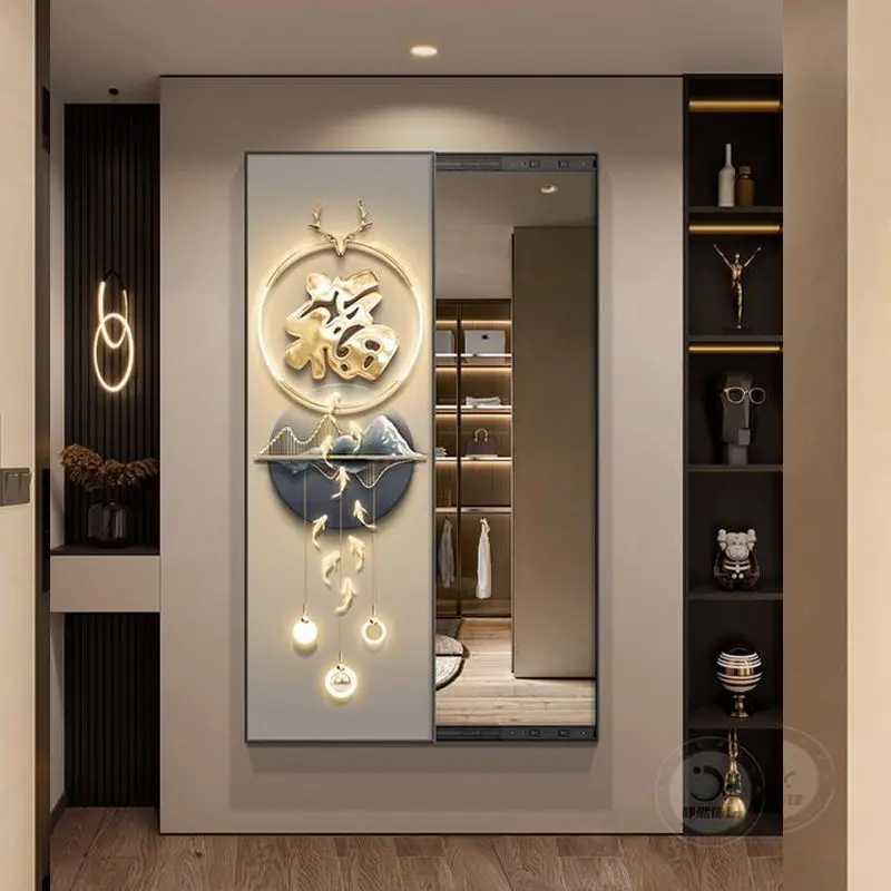 Full-length mirror decorated with paintings Household push-pull full-length mirror Nine fish picture hidden push-pull mirror