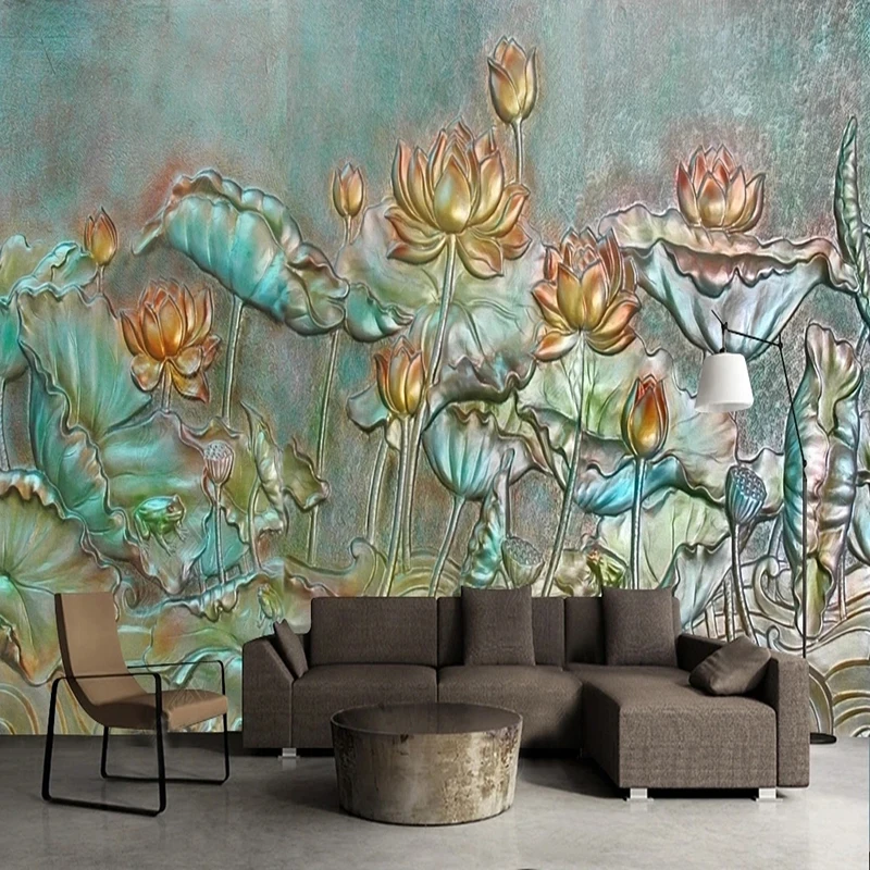 

Custom Mural Wallpaper European Style Lotus Relief Photo Wall Painting Living Room Sofa Background Wallpaper Home Decor Fresco