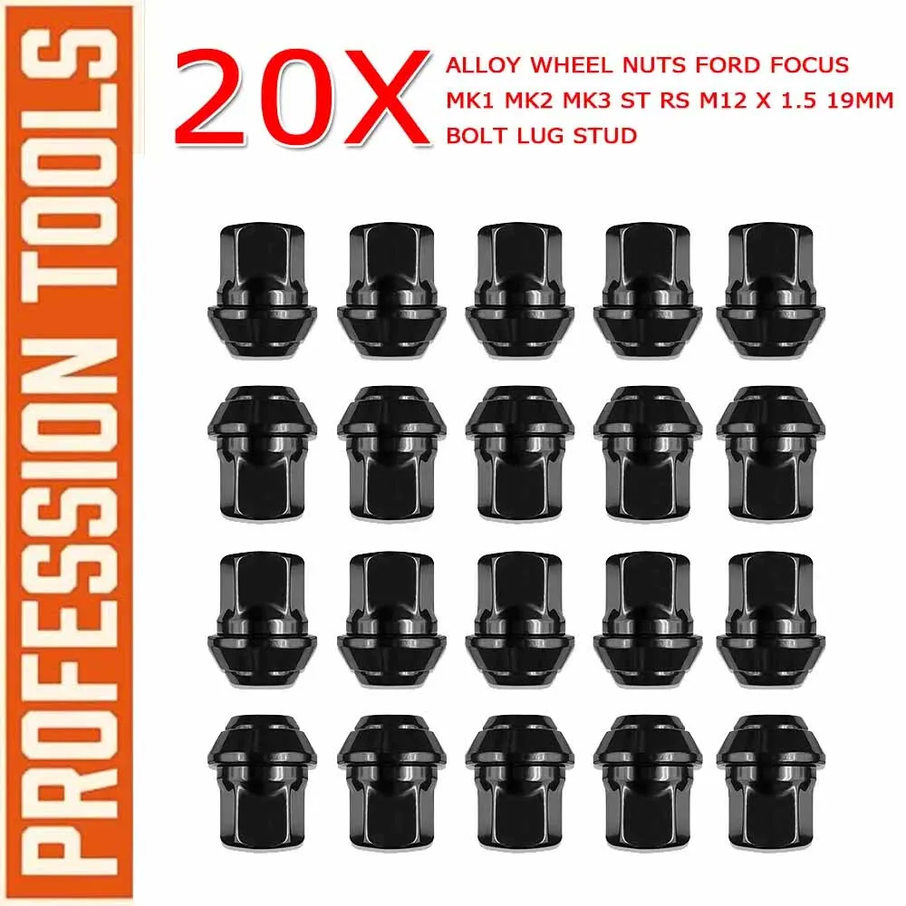 20Pcs Black Alloy Wheel Nuts For Old Ford Focus MK1 MK2 MK3 ST RS M12 X 1.5 19MM Socket size Hex Bolt Lug Stud