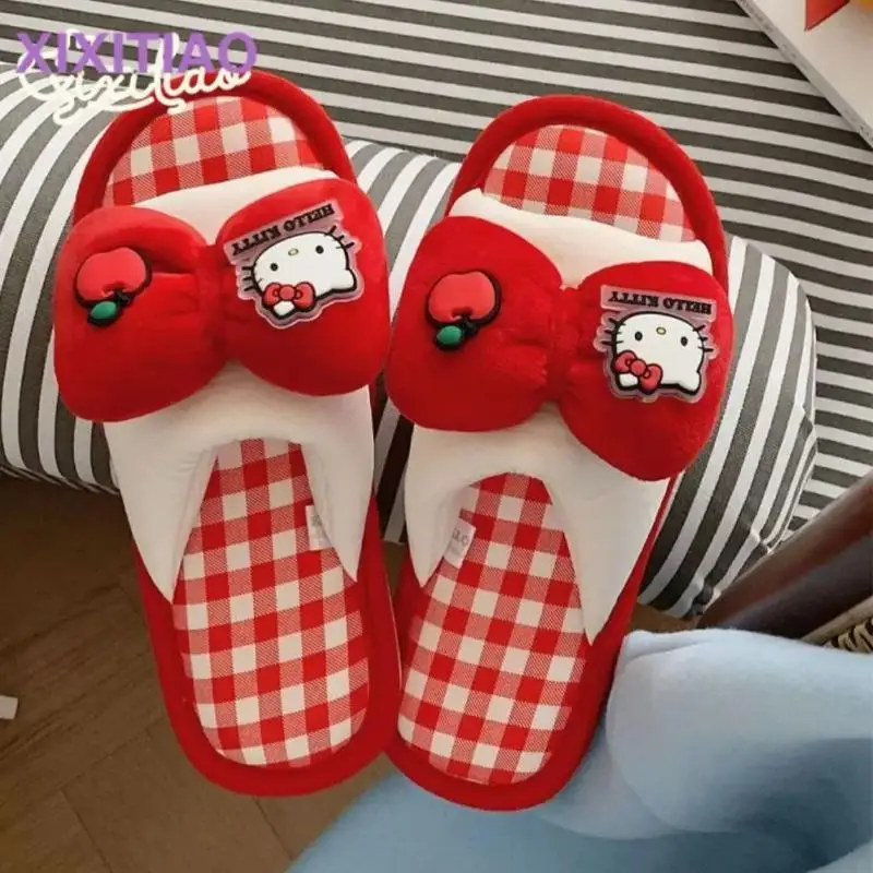 

Sanrio Hello Kitty, женские повседневные тапочки, кавайная хлопковая льняная домашняя обувь для девочек, студентов, четыре сезона, домашняя обувь с дезодорантом на мягкой подошве