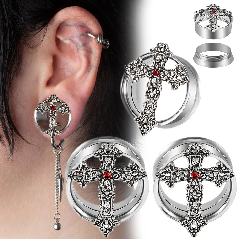 2-1 قطعة الفولاذ المقاوم للصدأ جولة القوطي كريستال الصليب الأذن مقاييس المقابس الأذن الأنفاق المتوسع نقالات ثقب المجوهرات للجنسين هدية #1