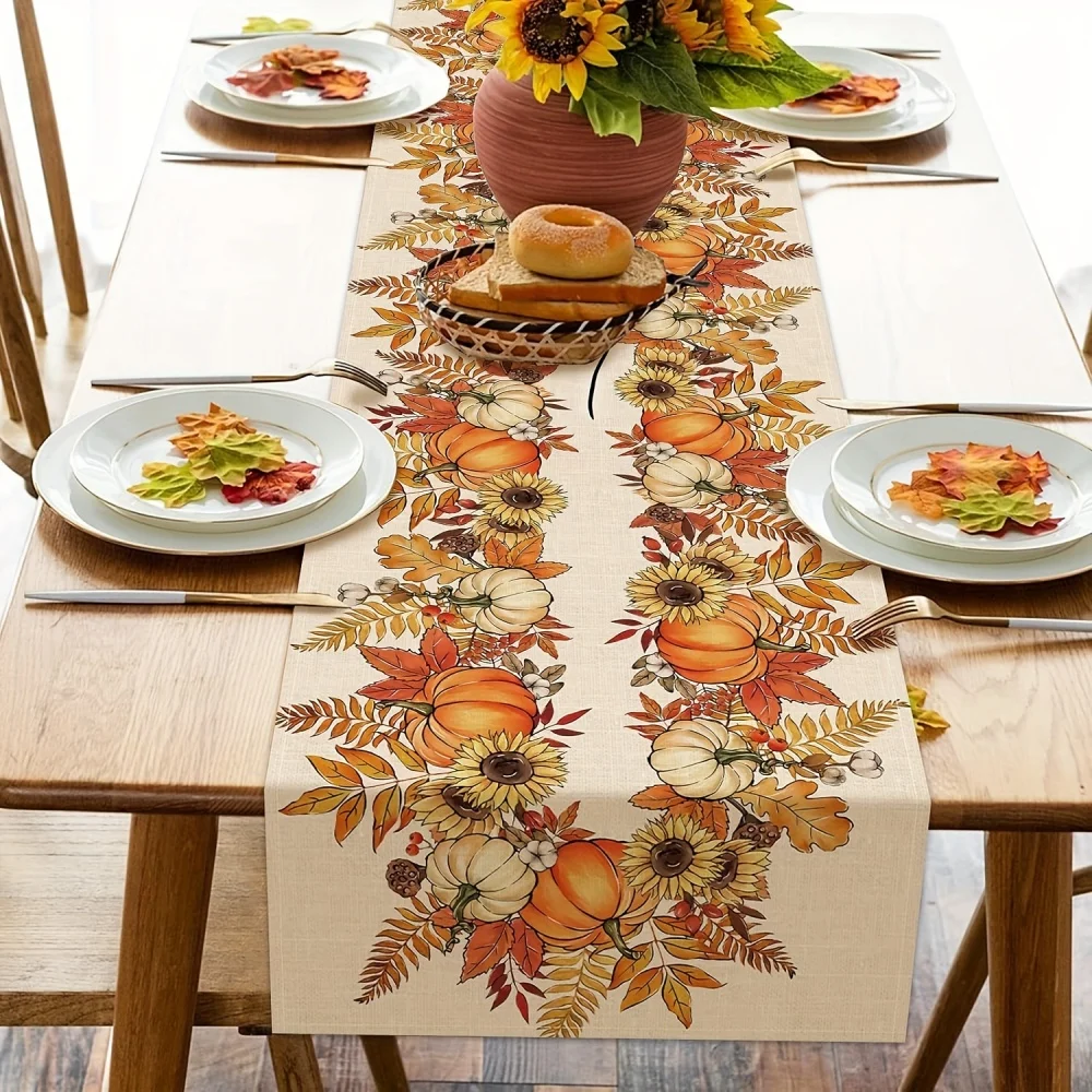 1pc Table Runner, Happy Fall Y'all Pumpkin Table Runner, Thanksgiving Harvest Home Spring Summer Decoration