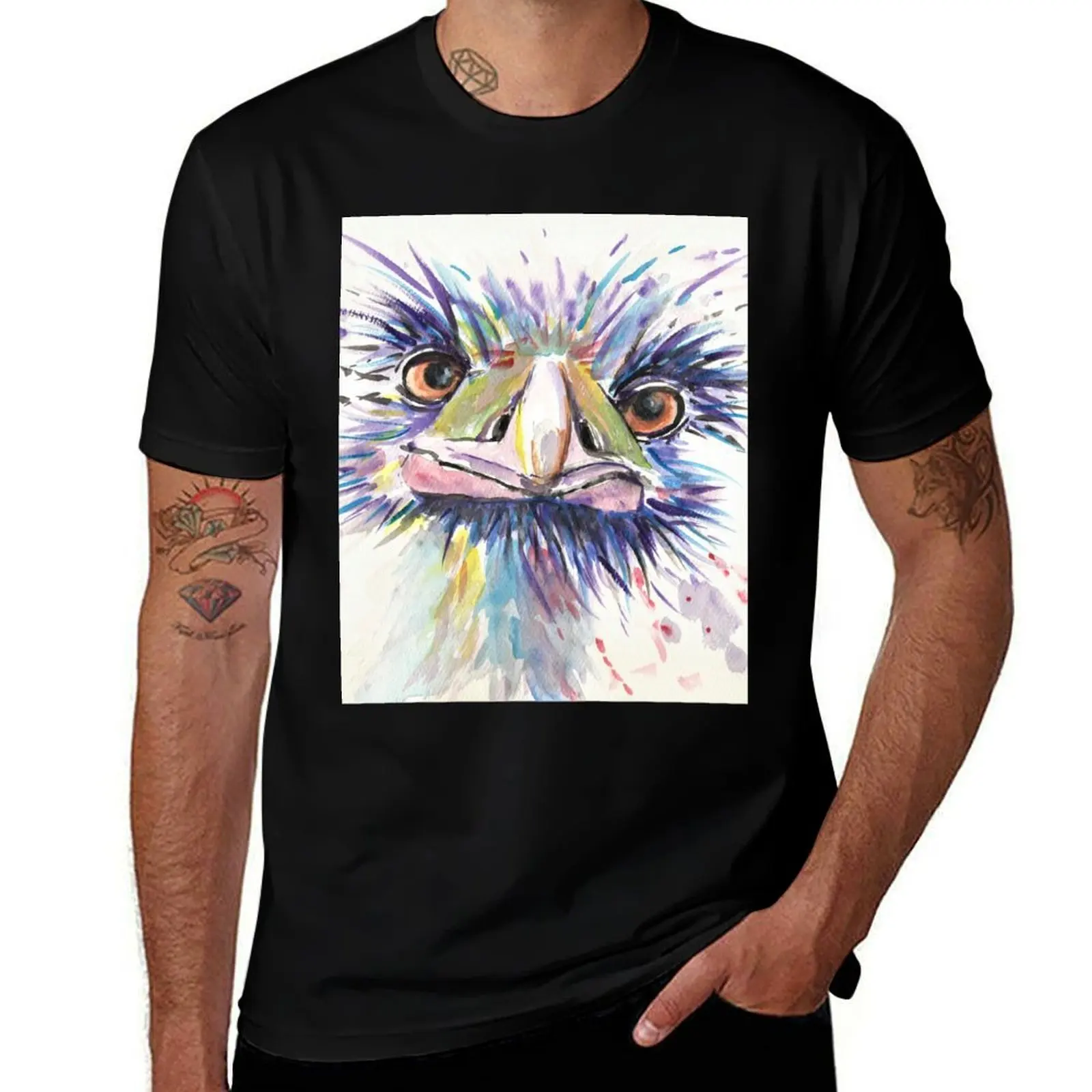 Emu or Ostrich Bird with funny eyes T-Shirt Work Outdoor for Men T-Shirt