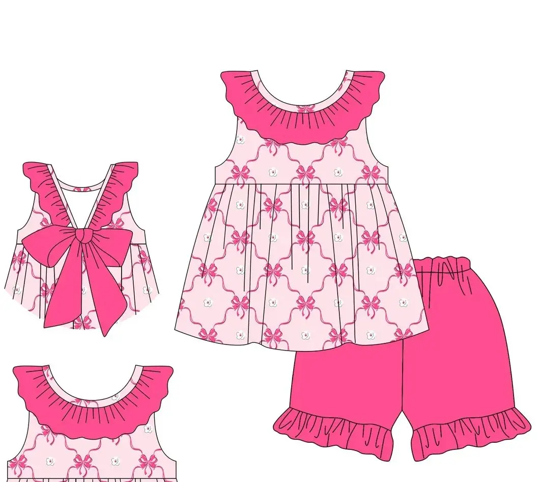 Hot Sale Bow Print Sibling Match Family Design Sisters Baby Girl Short Sleeve Shorts Sets Dress Rompers