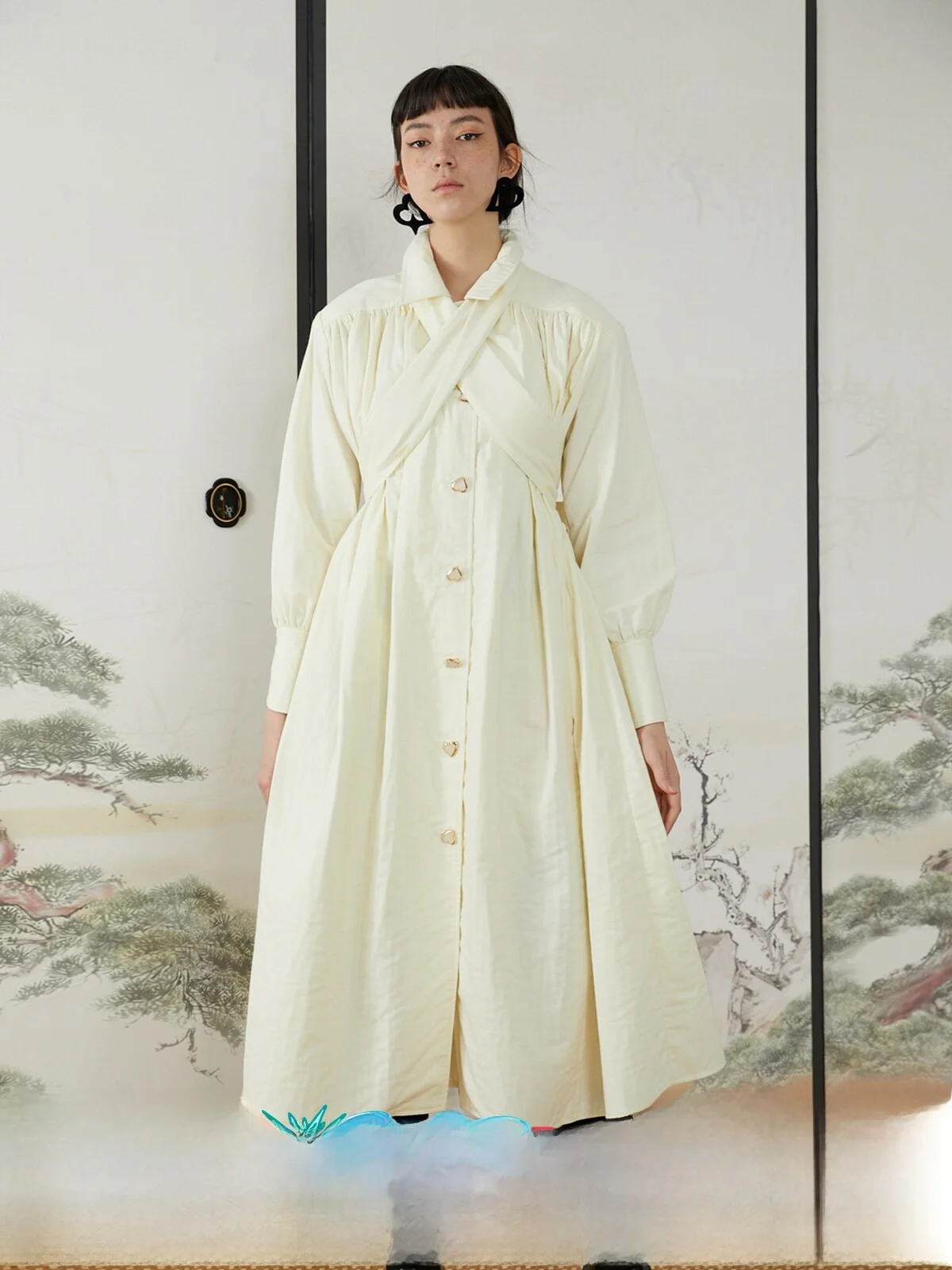 QSC Vestido Camisero con Hombros Acolchados de Tela de Algodón de Textura Especial Blanco Leche, Abrigo Largo con Nudo, Prendas de Abrigo, Moda Femenina