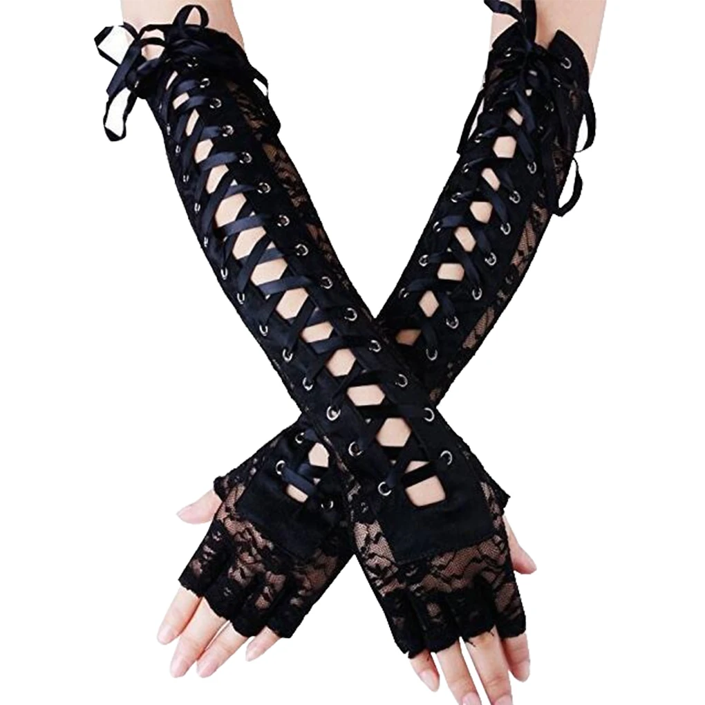 Lace Gloves Elbow Length Half-Finger Reusable Washable Arm Sleeves Fingerless Mittens Cosplay Costume Ceremonial Party