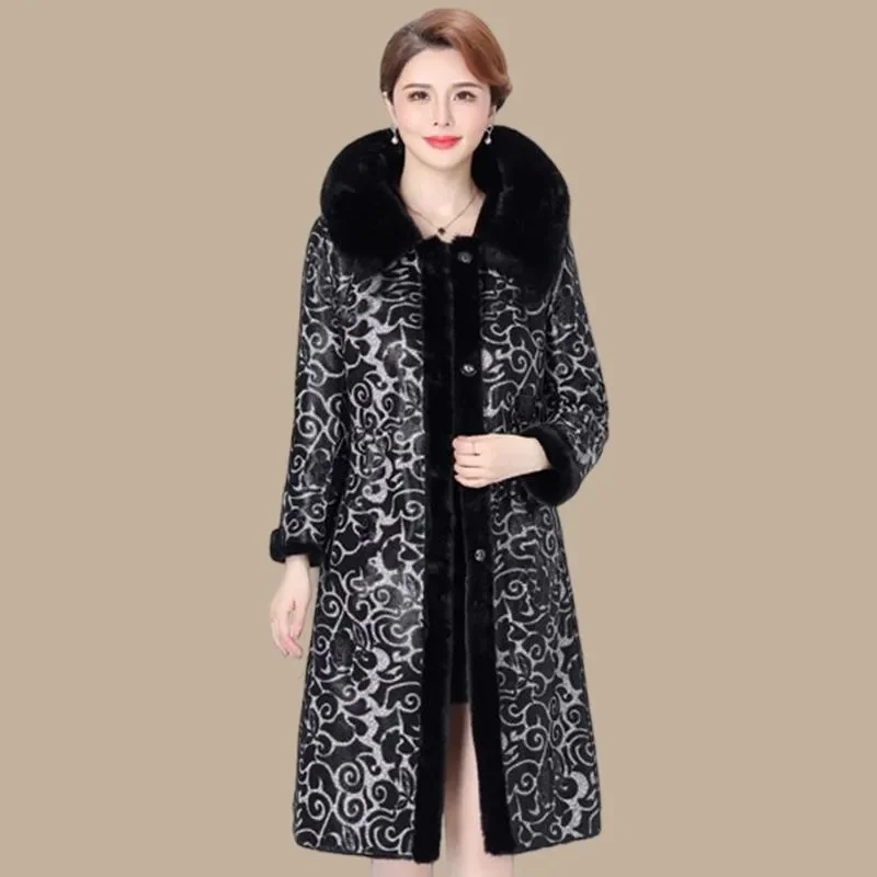 High Quality Fur Coat For Women Two Sides Wear 2024 Mother\'s Coat Thick Warm Long Jacket With Hood Liner Plush Coat Fur Collar