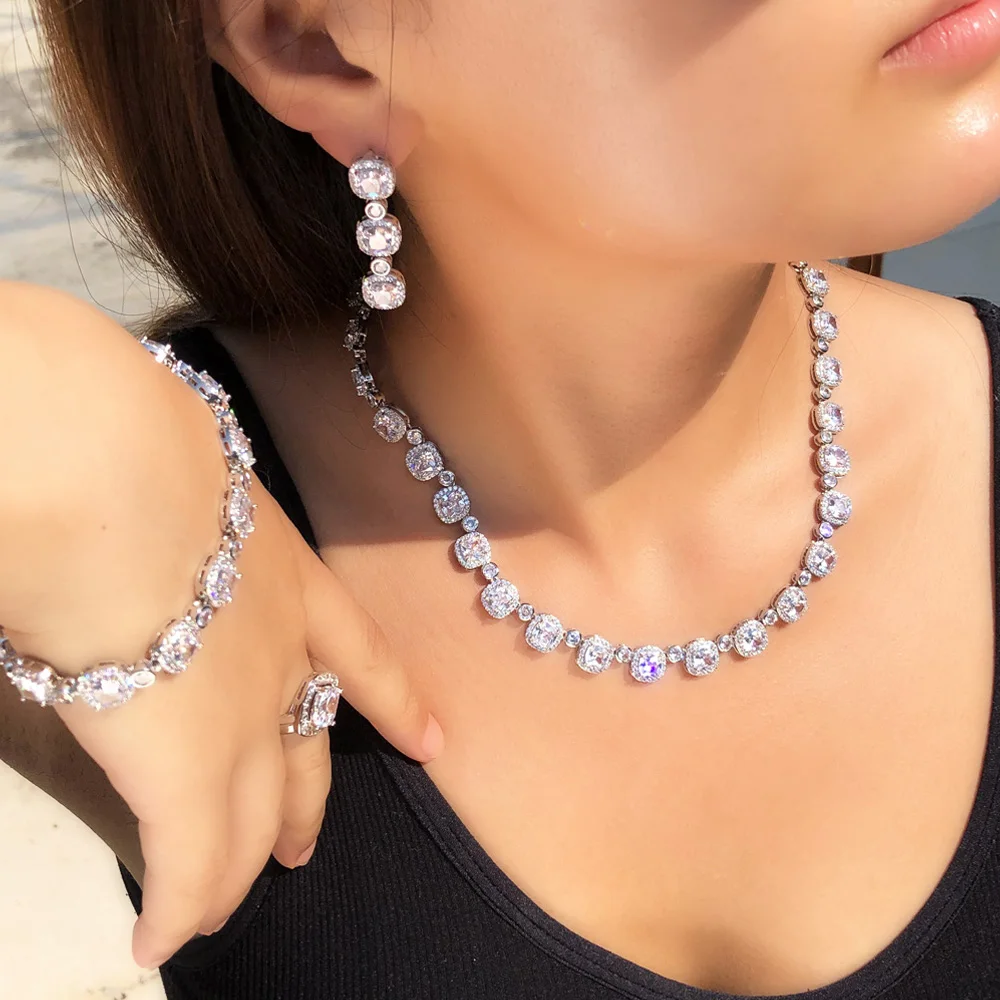 Pera High Quality White Crystal Square Cut CZ Link Round Choker Necklace Earrings 4Pcs Sets for Brides Wedding Jewelry J552