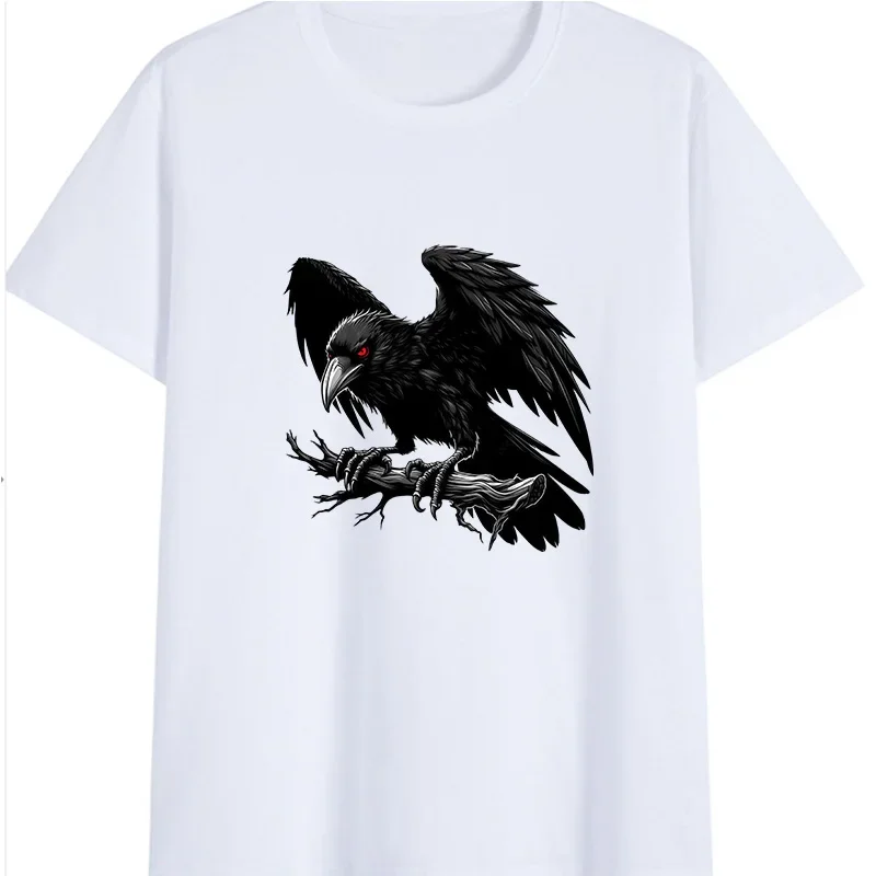 Gothic Black Raven Crow On Branch Graphic T‑Shirt Red Eyes Bird Print Short Sleeve O‑Neck Casual Streetwear Loose