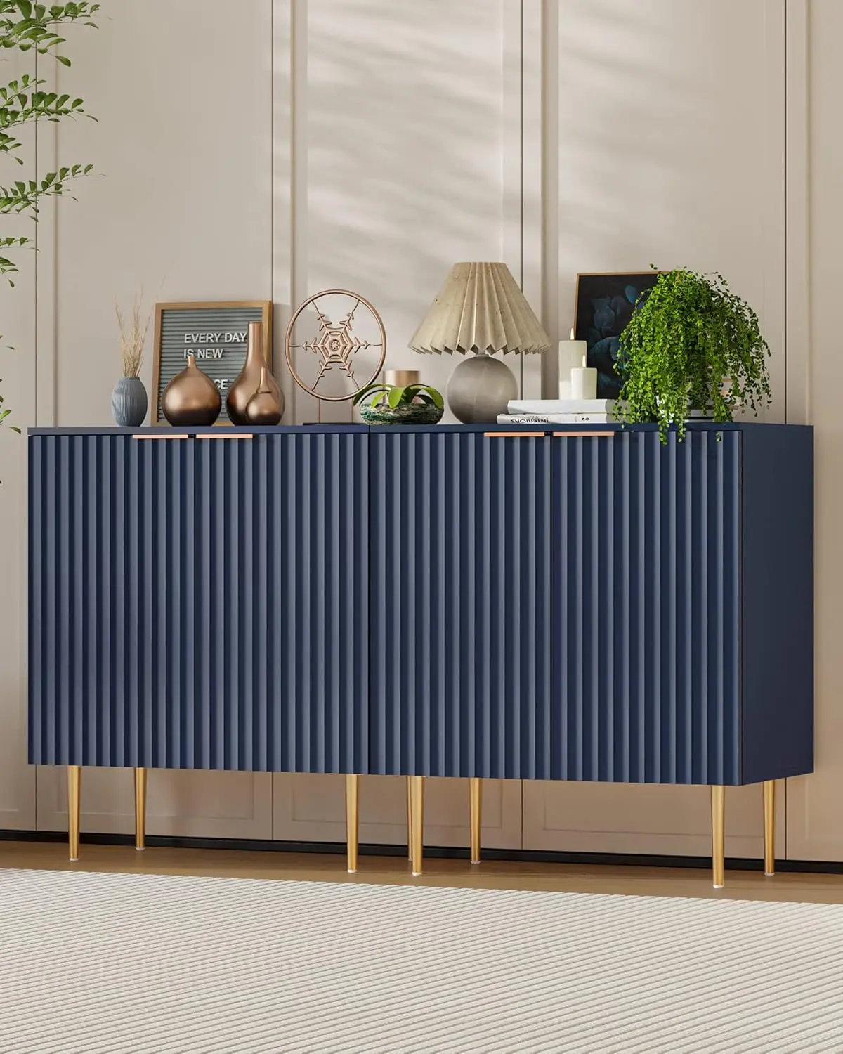 Sideboard Buffet Storage Cabinet Set of 2 Modern Credenza Buffet Table Accent Cabinet with Doors Adjustable Shelf Navy Blue