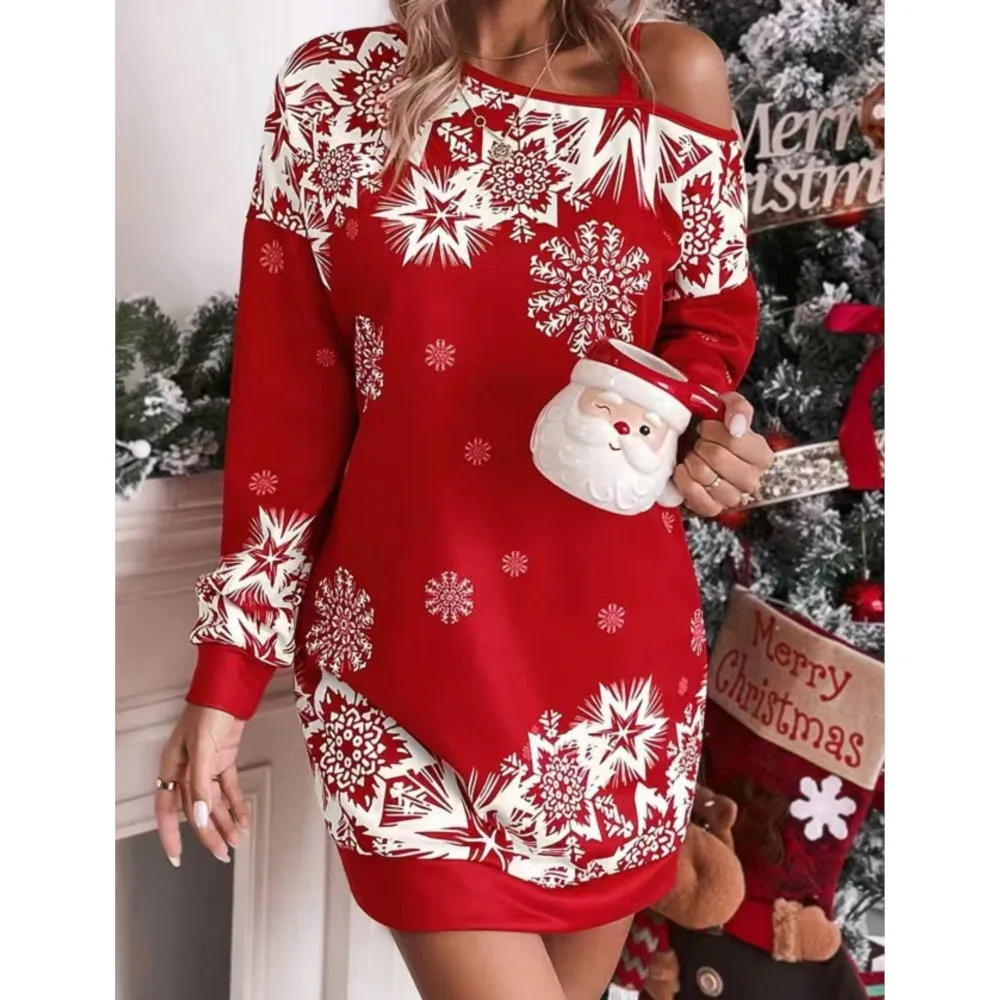 Sexy Off Shoulder Loose Pullover Dress 2024 Christmas Snowflake Print Long Sleeve Diagonal Shoulder Autumn Dress For Women Robe