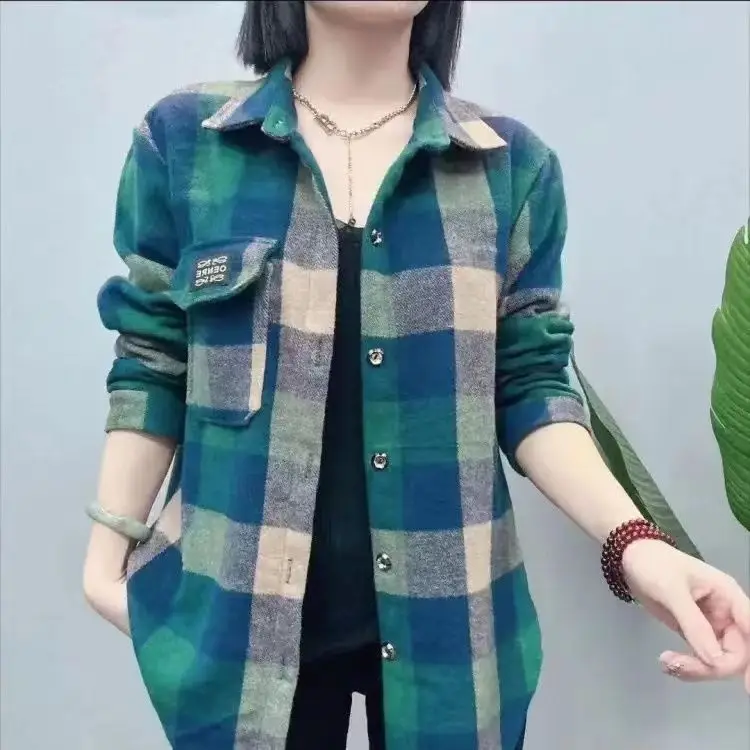 Thickened Flannel Women's Shirt Autumn Winter Plaid Loose plus Size Casual Long Sleeve Pure Cotton Woolen Thickened Shirt Coat