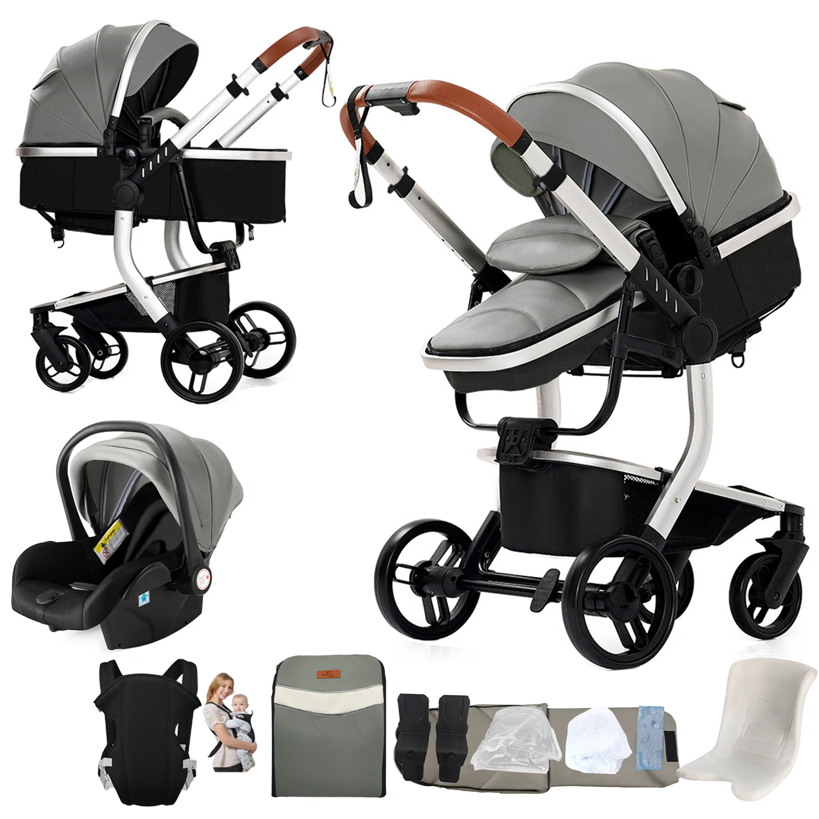 Kinderwagen 3-in-1 Babyreiswieg Lichtgewicht Opvouwbare Kinderwagen Hoge Ligstand Omkeerbare Babywagen Eenvoudig Opvouwbare Kinderwagen Compact