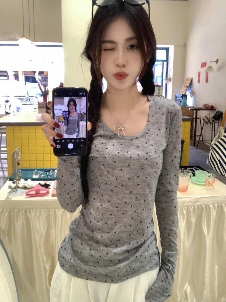 Gray U-Neck Polka Dot Long Sleeve Knitted T-Shirt Women's Summer Slim Fit Base Shirt Inner Wear See through Sun Protection Top
