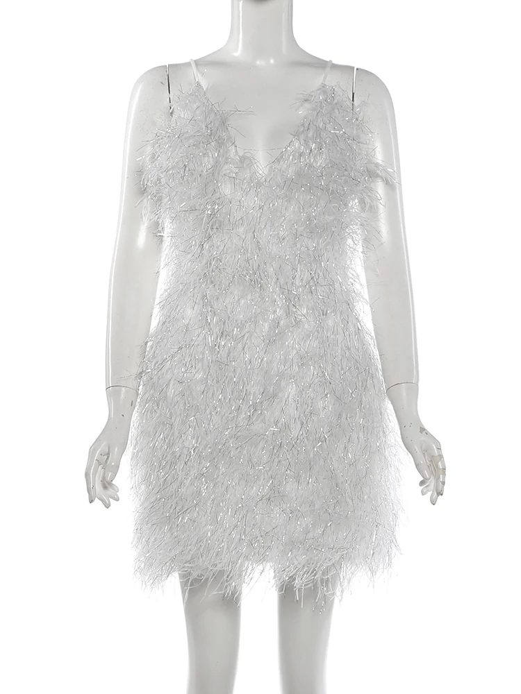 Weird Puss Furry Tassel Sling Kleid Damen Sommer Trend Spaghettiträger Tiefer Ausschnitt Rückenfrei Figurbetont Pfirsichfarben Hüftbetont Modisch Mini Bodycon – Detail 3